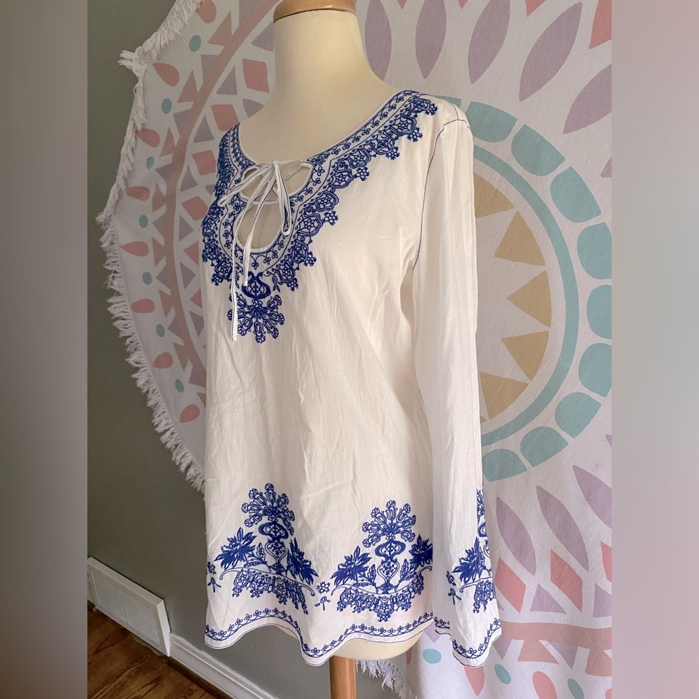 Embroidered Blue and White Cotton Beach Tunic